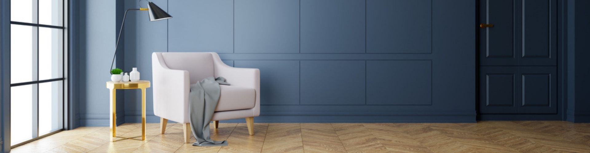 living room renovation with wood flooring and blue walls