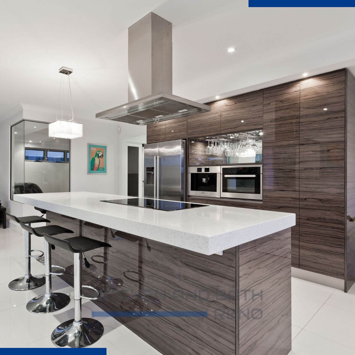 Contemporary Kitchen with Glossy Brown Cabinets