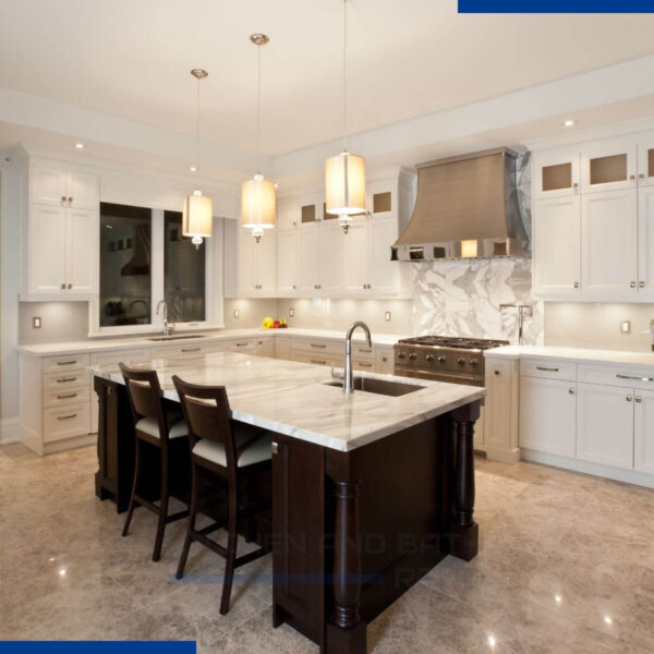 Traditional kitchen with brown and white accents