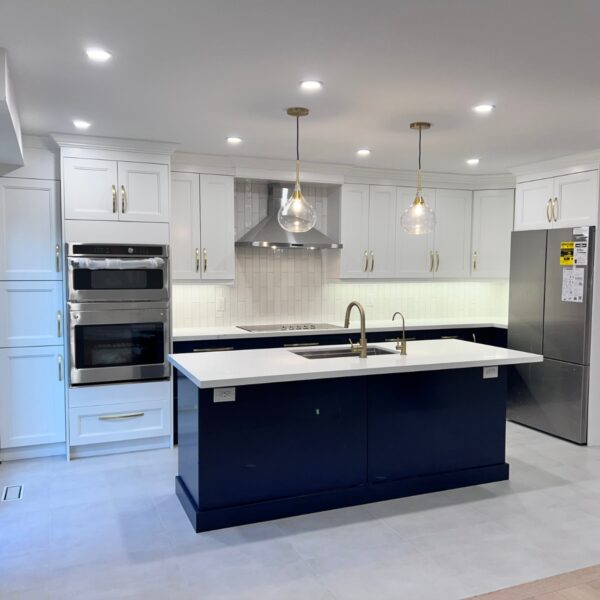 modern kitchen with black and white cabinets