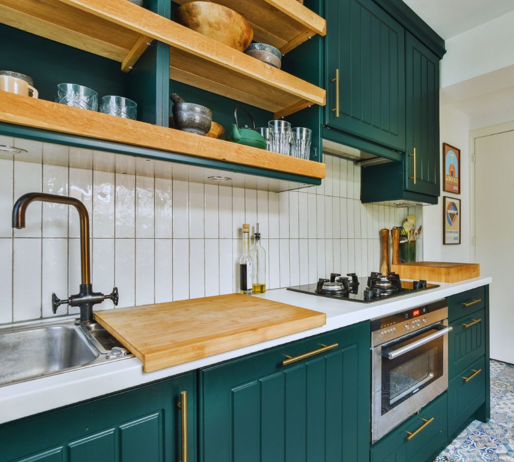 open shelves and closed cabinets