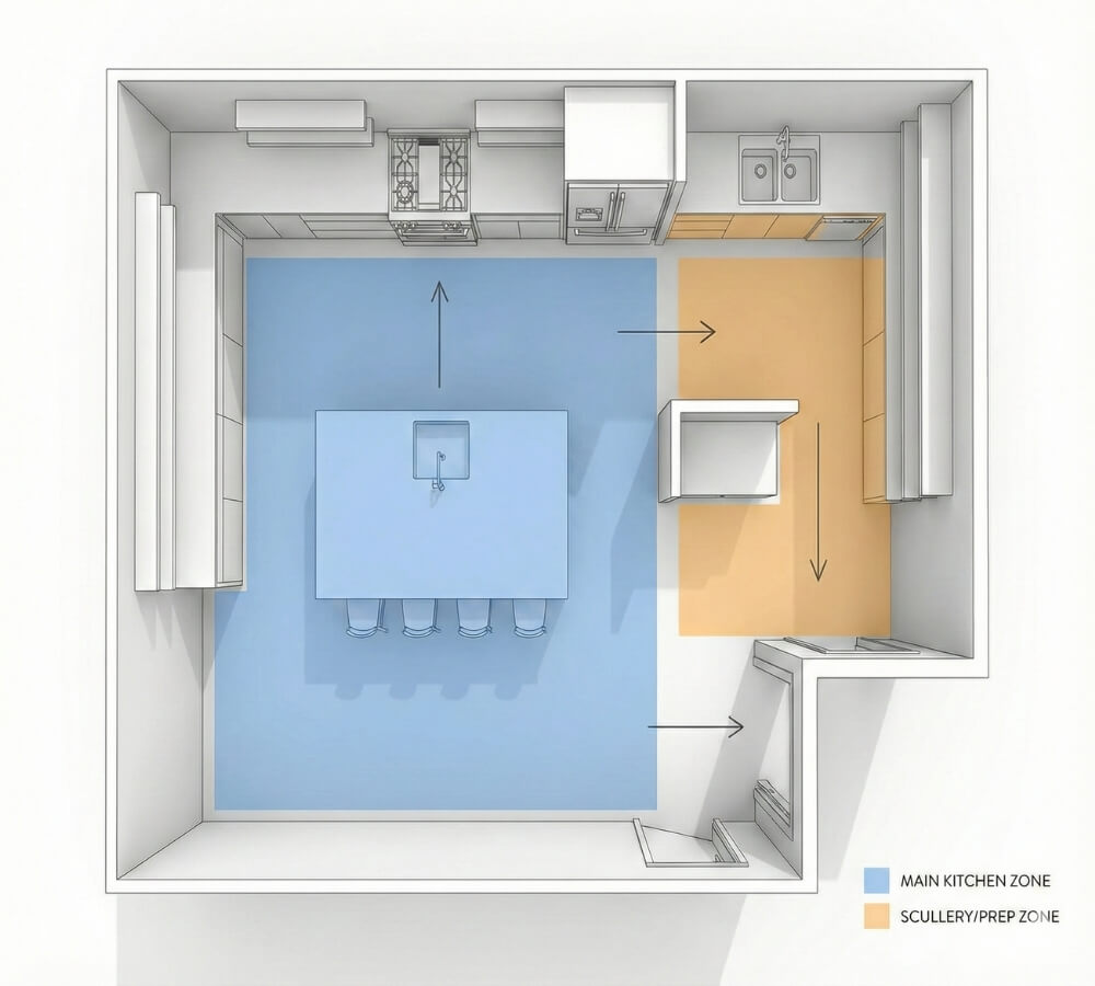 Floor plan showing main kitchen and scullery zones.