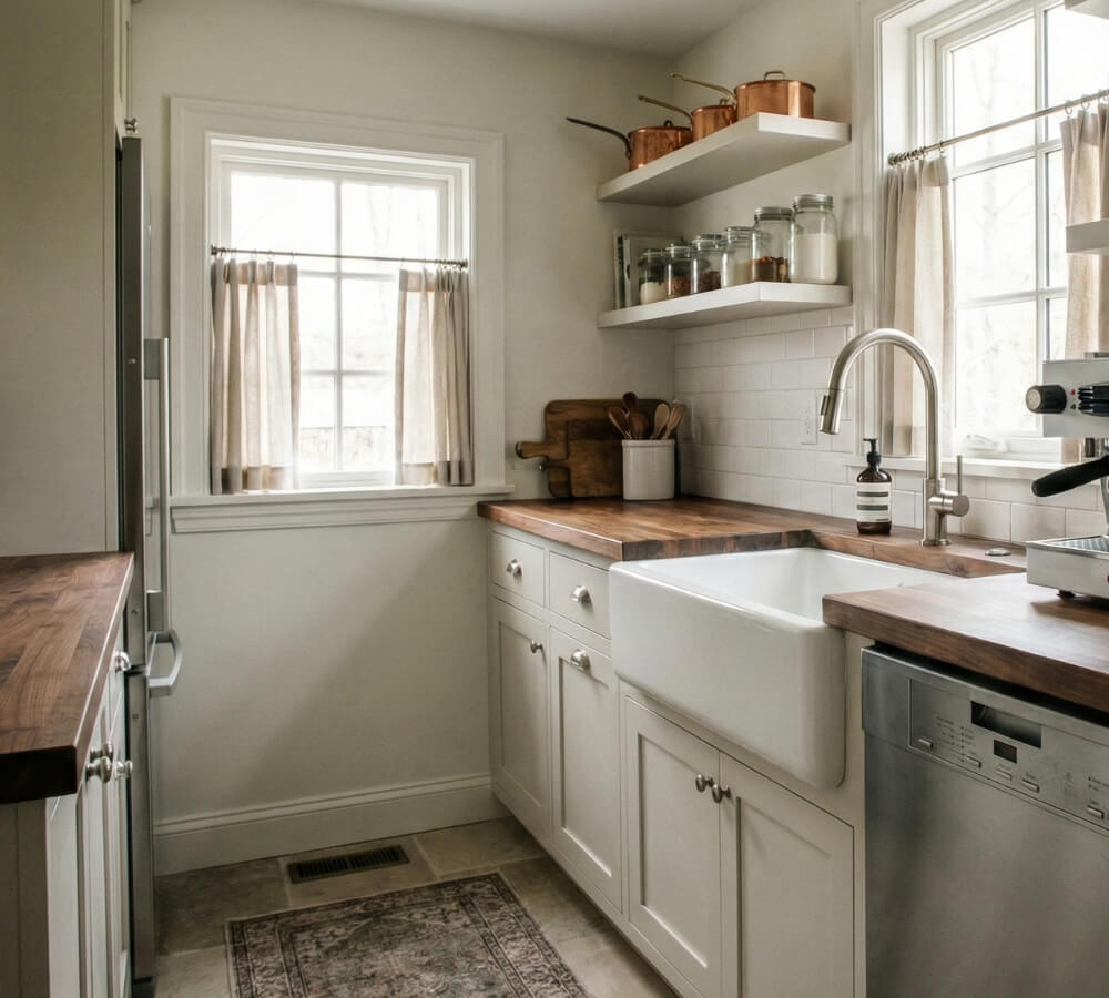 Small scullery kitchen with deep sink and dishwasher.