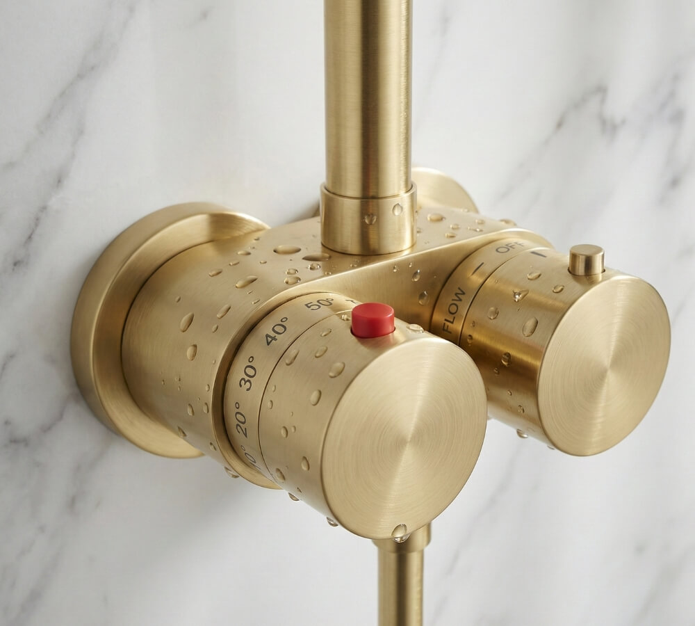 Brushed gold thermostatic shower valve on marble wall