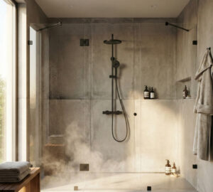 Modern walk-in shower with matte black thermostatic valve
