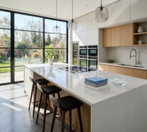 A pristine white kitchen island demonstrating how to clean and maintain quartz countertops perfectly