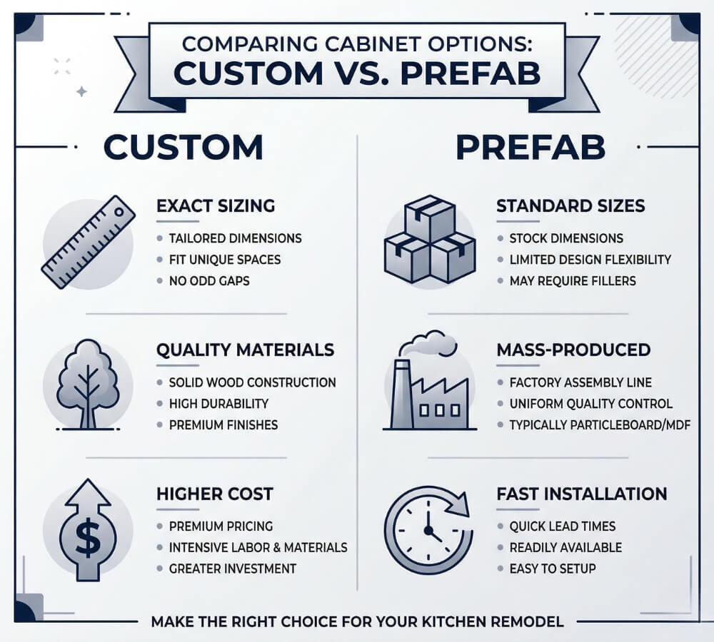 the pros and cons of custom vs prefab cabinets including cost, materials, and installation time.