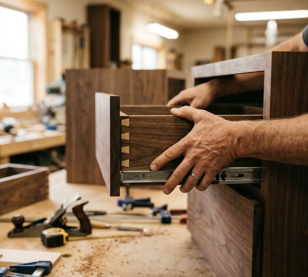 A close up of custom wood cabinets showing premium dovetail joints and heavy duty hardware.