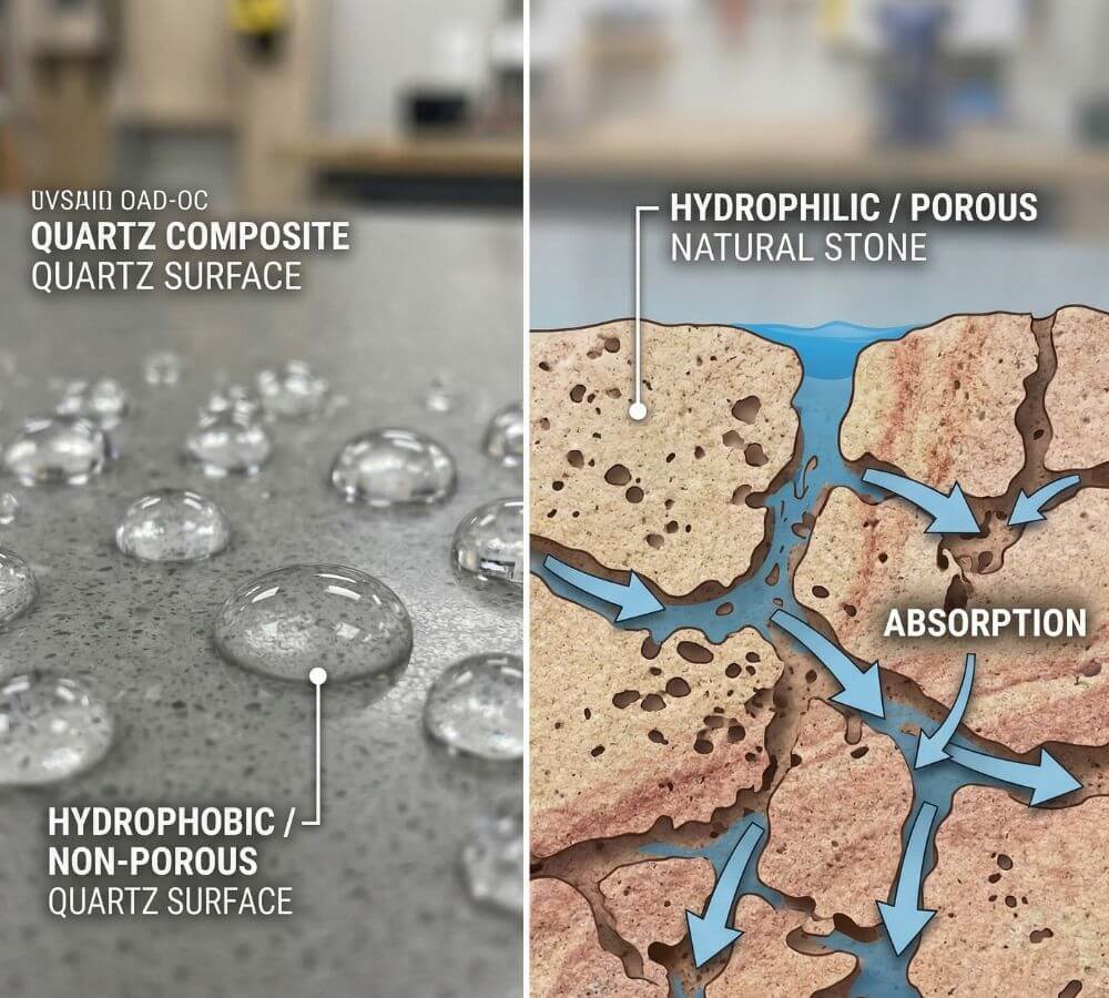 Water beading on a non-porous surface showcasing easy engineered stone care.