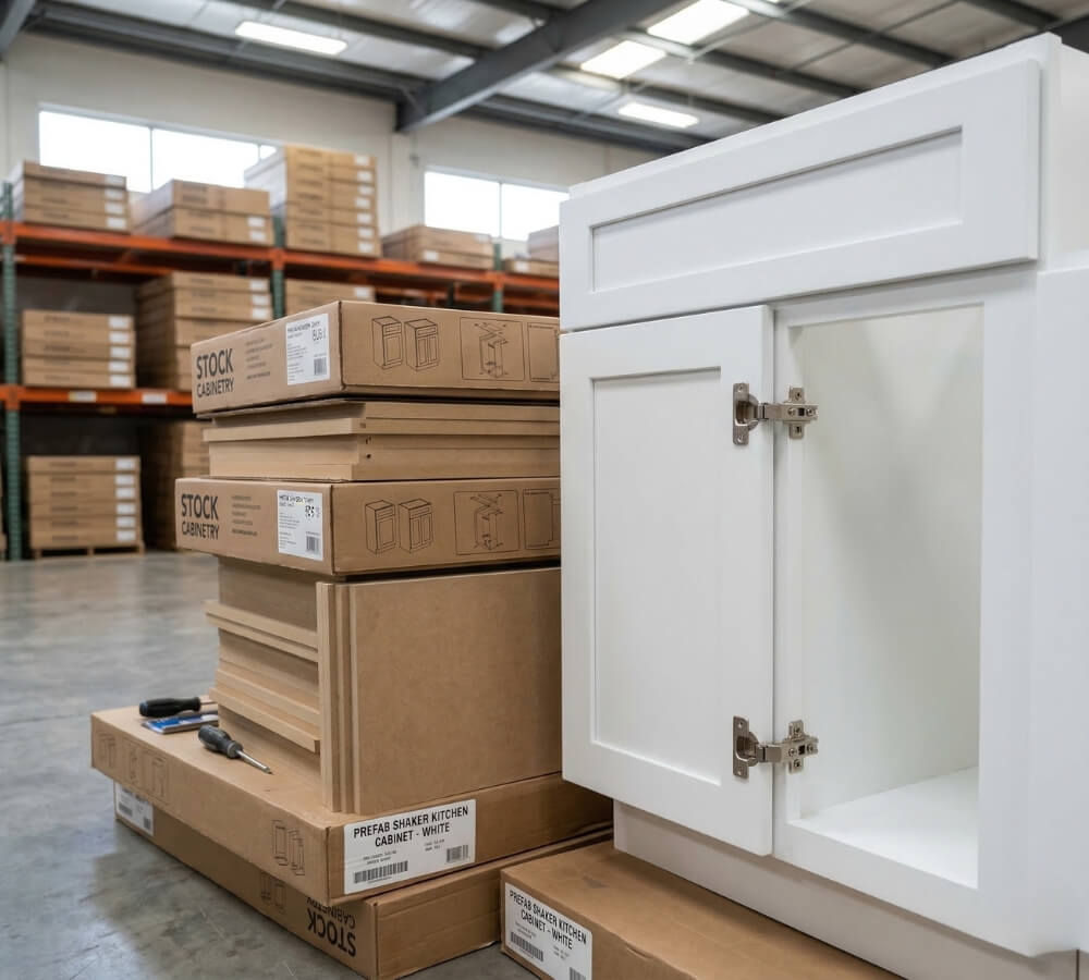 Pre-assembled white stock cabinetry and flat-pack boxes ready for quick kitchen installation.