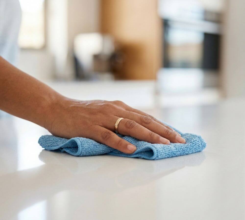 Using a soft microfiber cloth for washing quartz islands safely without scratching.