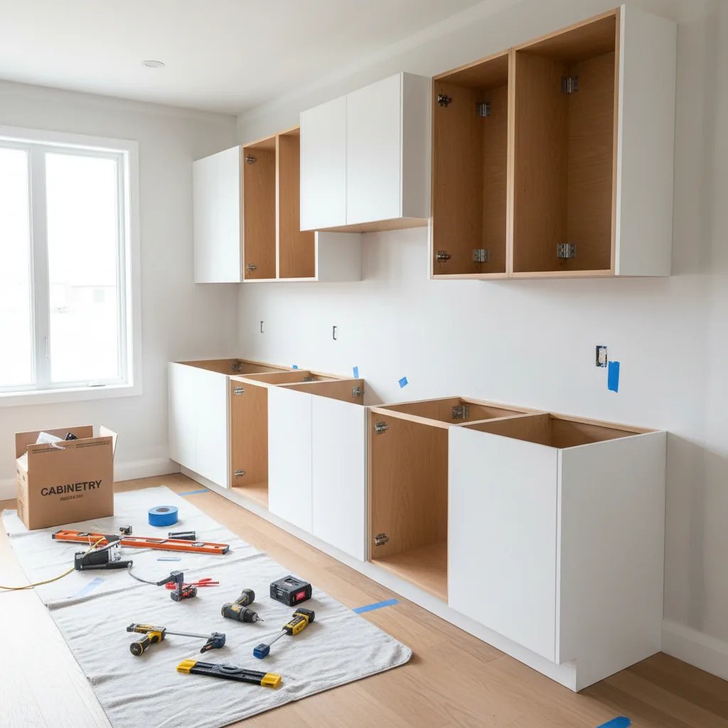 New white kitchen cabinets being installed during GTA home renovation