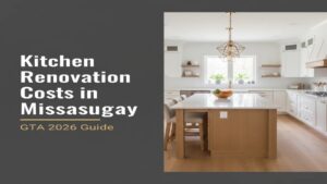 Modern renovated kitchen interior with white cabinets and quartz countertops in Mississauga home