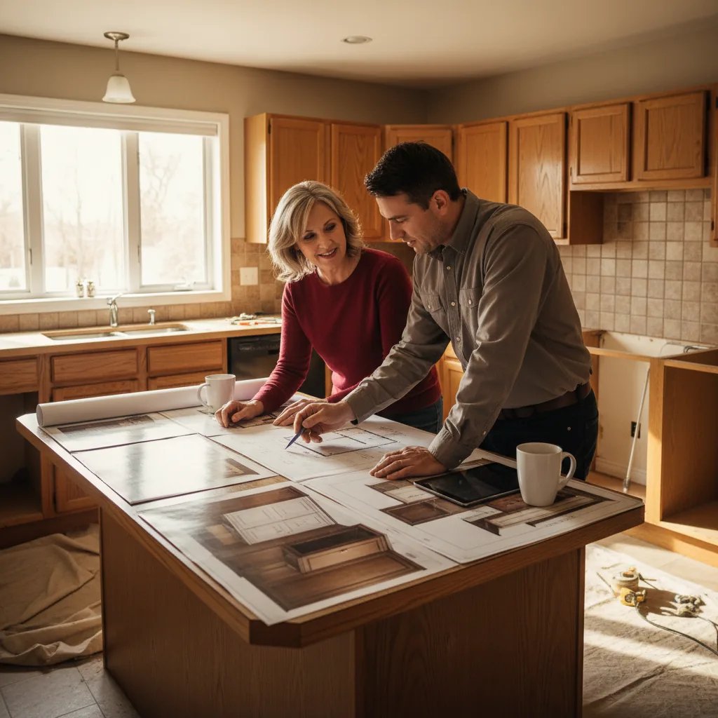 Homeowner and contractor reviewing kitchen renovation plans and designs