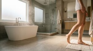 Modern GTA bathroom with porcelain tile heated floor, freestanding tub, walk-in shower in warm morning light