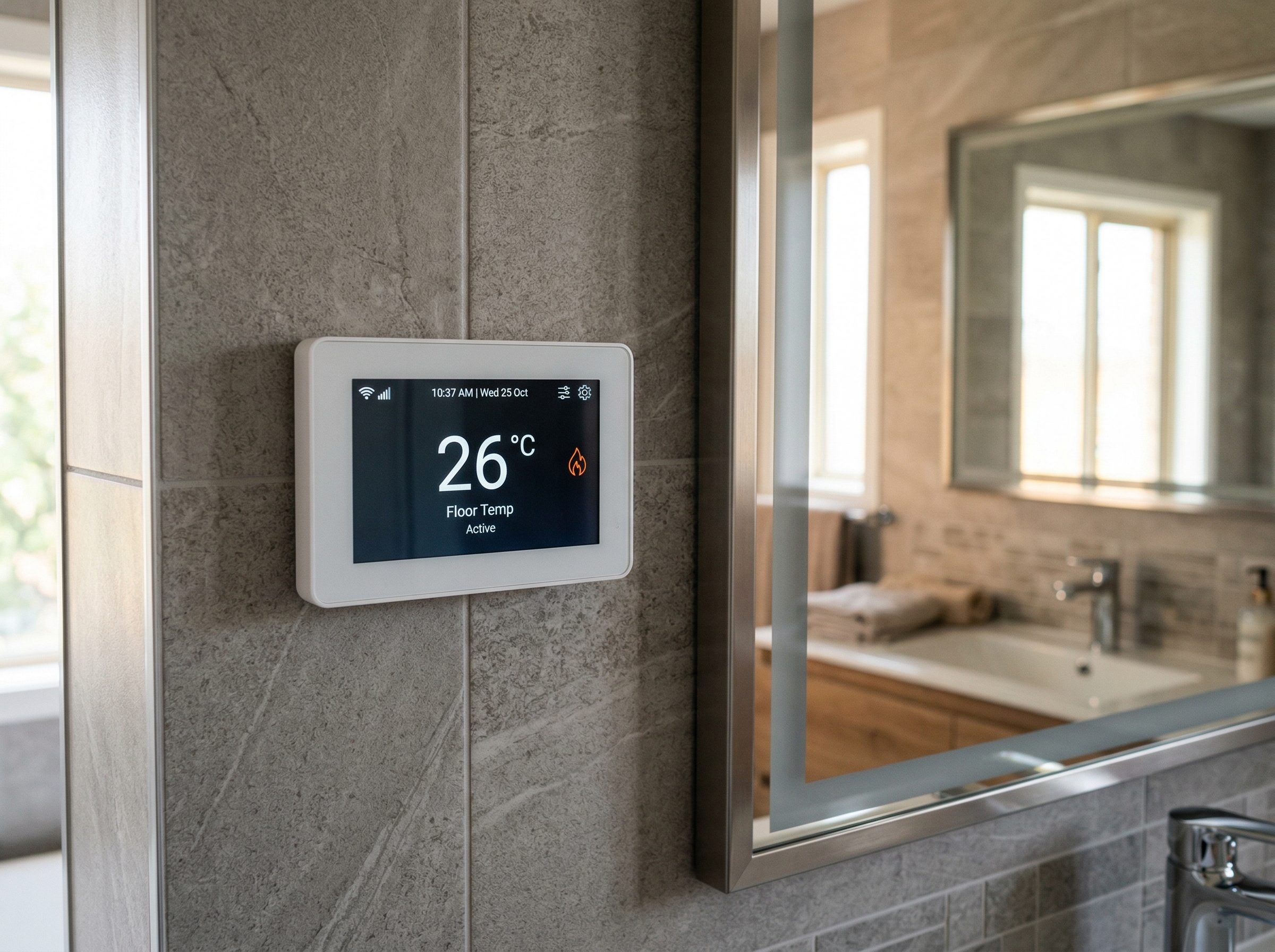 Wall-mounted WiFi thermostat showing 26 degrees Celsius floor temperature in a modern GTA bathroom