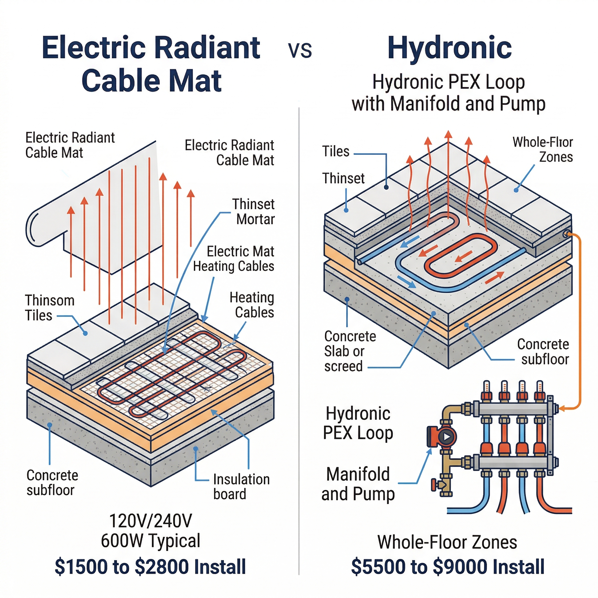 Infographic comparing electric mat and hydronic in-floor heating systems for GTA bathroom renovations
