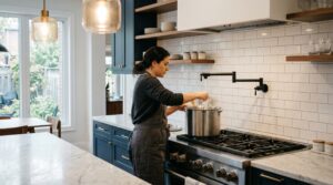 Modern GTA kitchen with a wall-mounted matte black pot filler faucet filling a large stainless stockpot over the cooktop