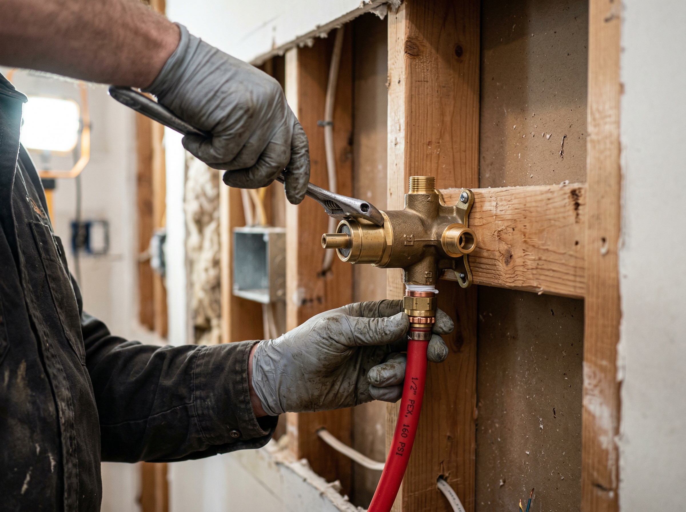 Plumber installing a brass pot filler rough-in valve inside an open stud wall behind a GTA kitchen backsplash