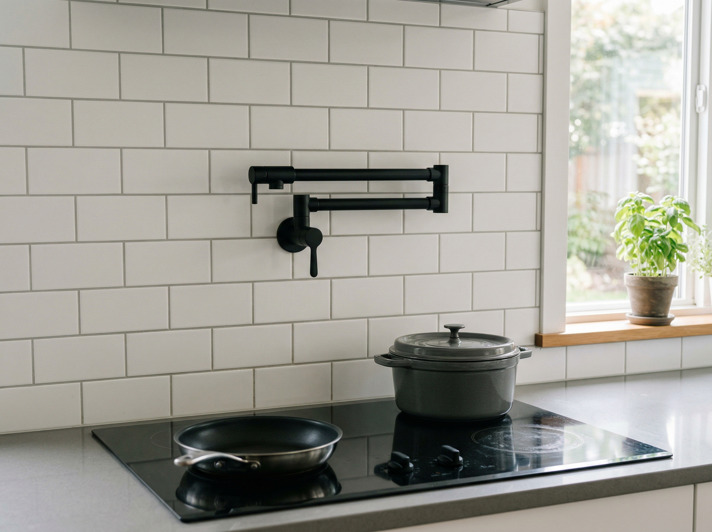 Folded matte black wall-mounted pot filler faucet against a white subway tile backsplash above an induction cooktop