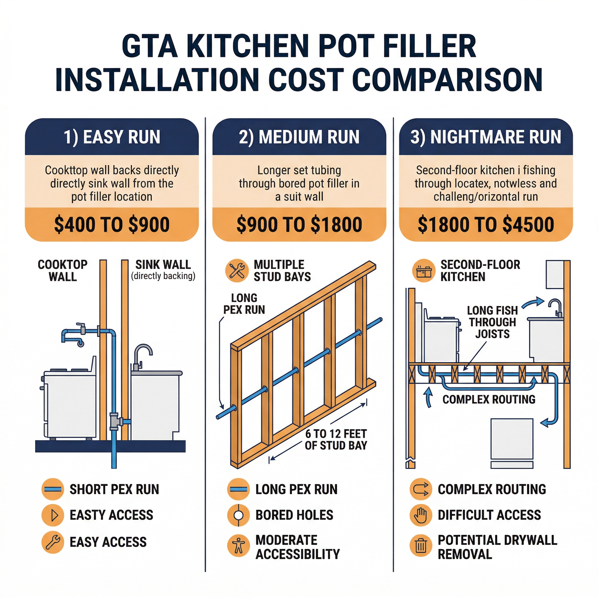 Infographic comparing easy, medium, and nightmare install cost tiers for a GTA kitchen pot filler faucet