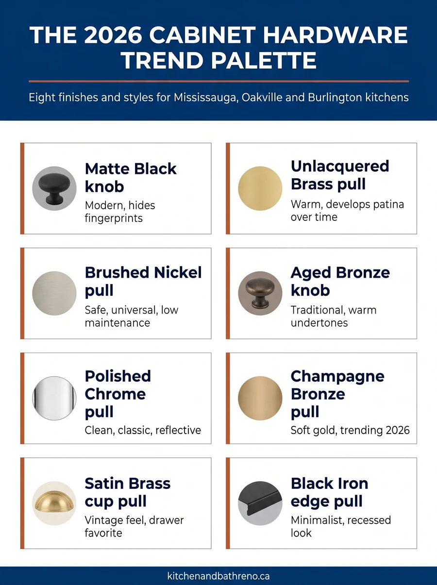 Eight 2026 cabinet hardware finishes shown as labelled cards including matte black, brass, brushed nickel and bronze