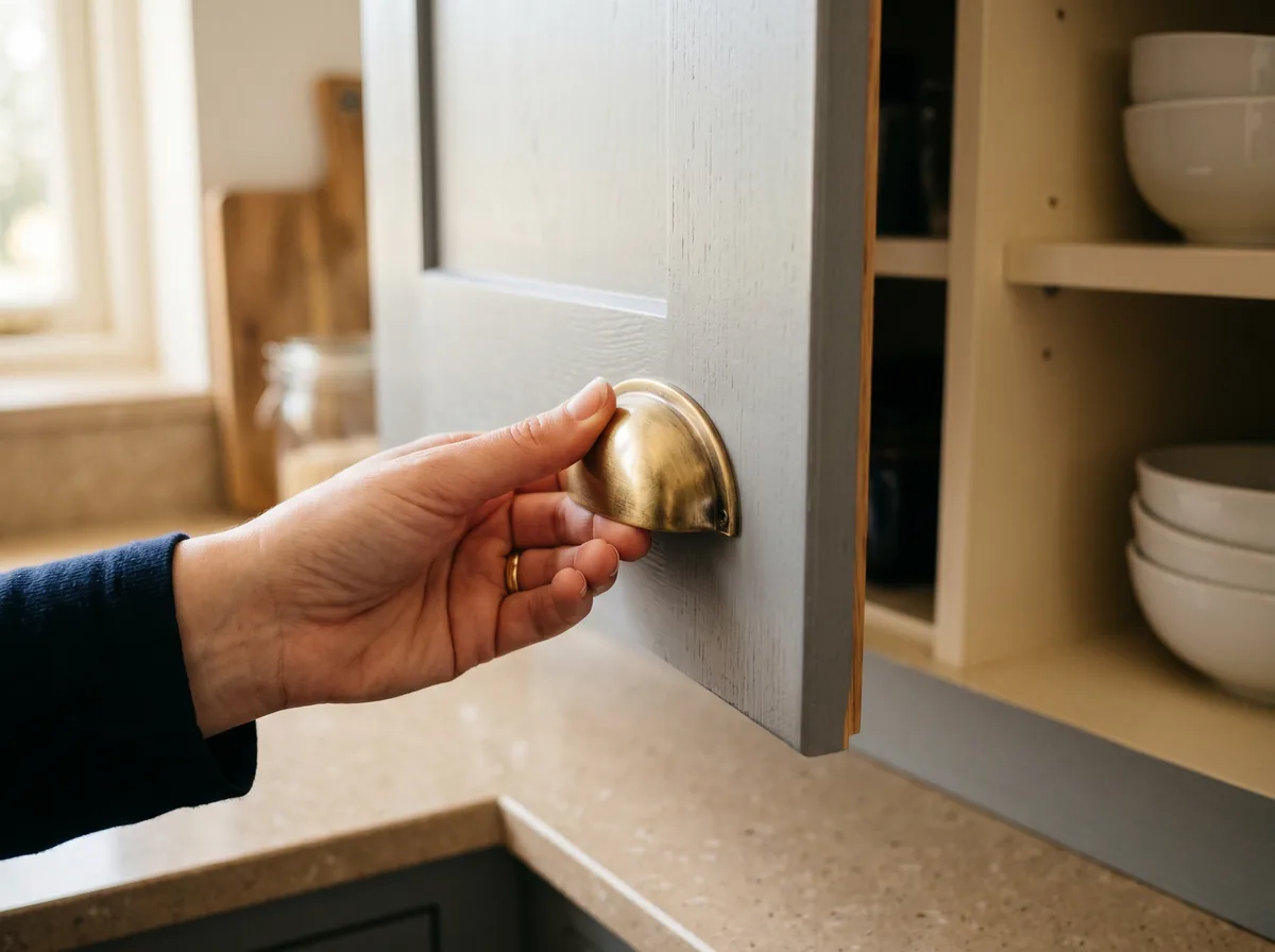 Soft grey shaker kitchen cabinet detail with brushed brass cup pull in a Mississauga renovation