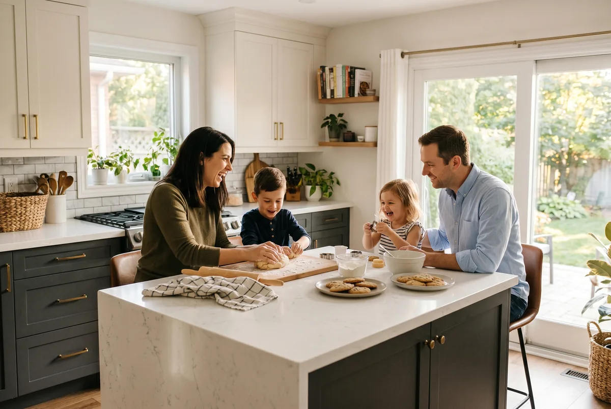 Two-tone grey kitchen cabinets with charcoal lower and warm white upper in a Mississauga family home