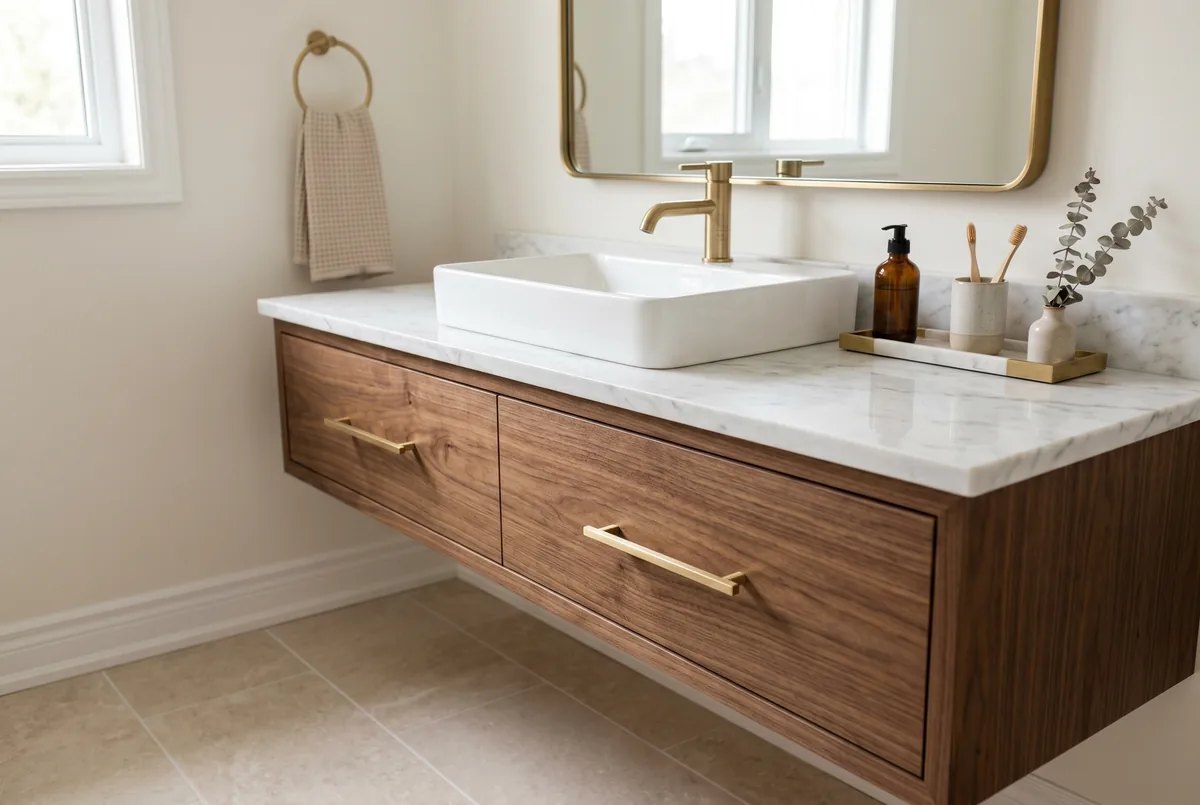 Renovated small bathroom vanity area in a Burlington home with floating wood cabinet and natural light