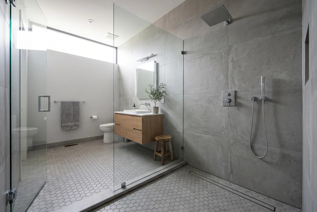 Frameless walk-in glass shower with hexagonal floor tile in a small modern Burlington bathroom