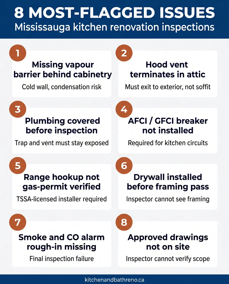 Infographic of eight most-flagged issues in Mississauga kitchen renovation inspections