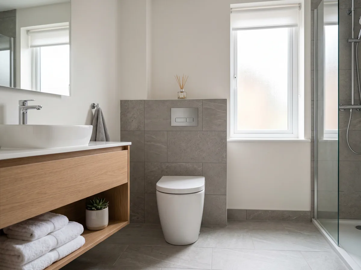 Modern back to wall toilet installed flush against a tiled wall in a Mississauga bathroom renovation