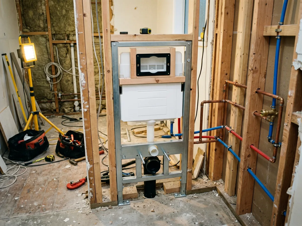 Concealed cistern frame and flush plate being installed inside a stud wall during a GTA bathroom renovation
