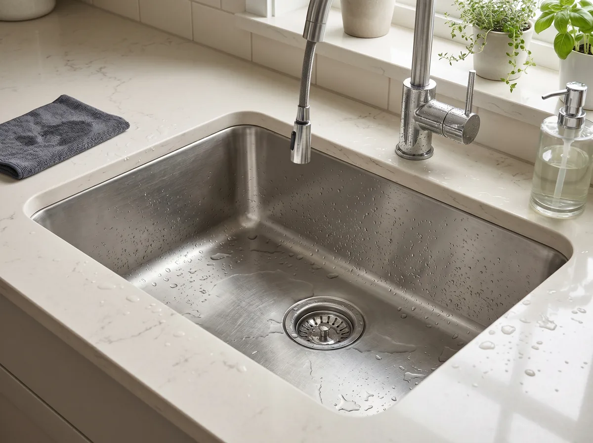 Undermount stainless steel kitchen sink set into a quartz countertop in a renovated GTA kitchen