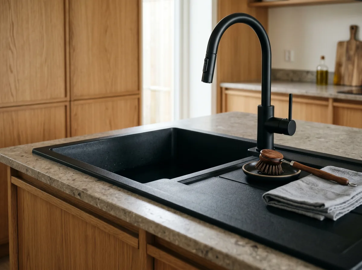 Matte black granite composite kitchen sink in a modern renovated kitchen with wood cabinetry