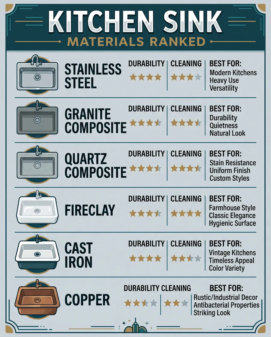 Infographic ranking kitchen sink materials by durability, cleaning ease, and best use