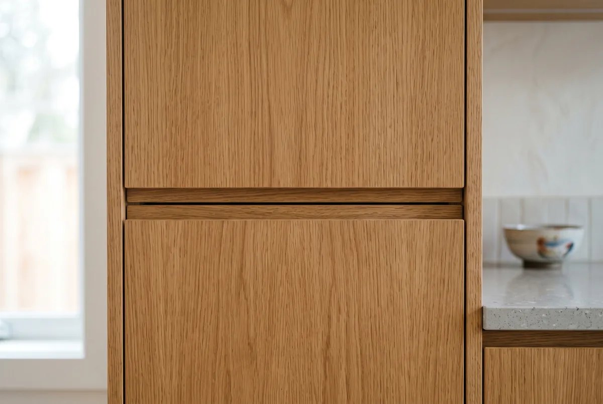 Flat panel slab cabinet door in oak with a handleless finger pull