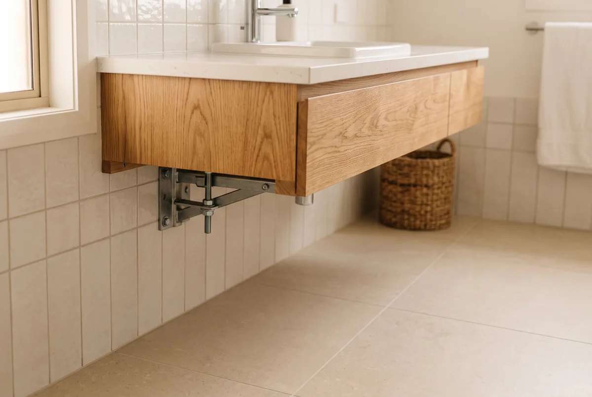 Wall mount detail of a floating vanity with tile running underneath