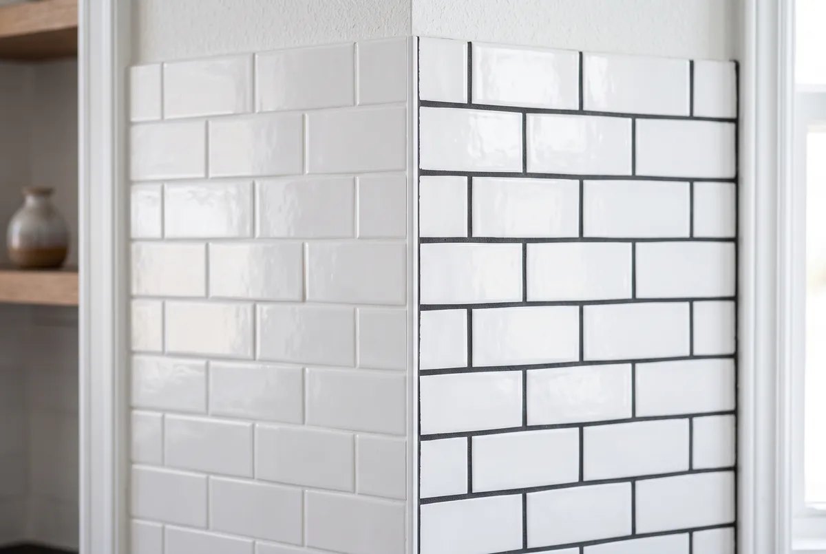 Same white subway tile with light grout colour beside dark grout colour