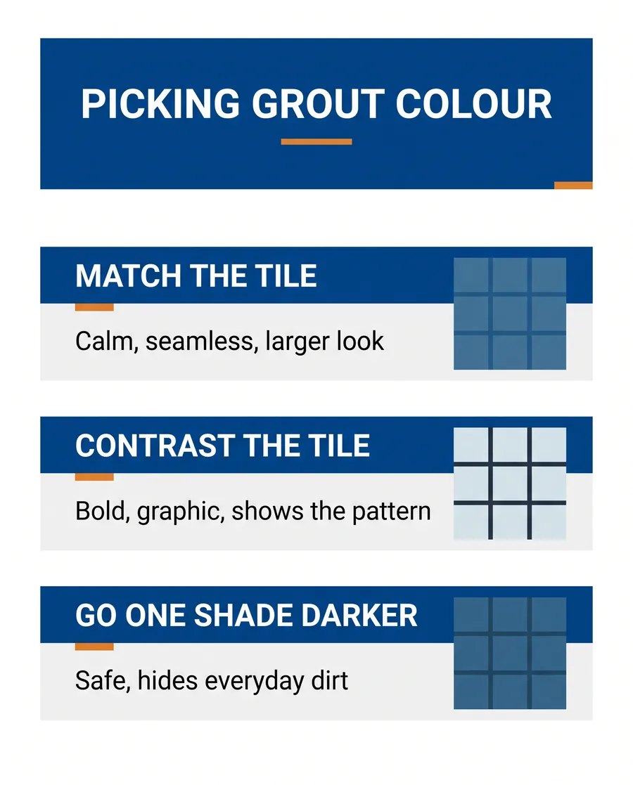 Chart of three grout colour strategies match contrast and one shade darker