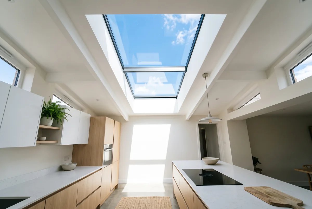 Skylight bringing daylight into a pale modern kitchen