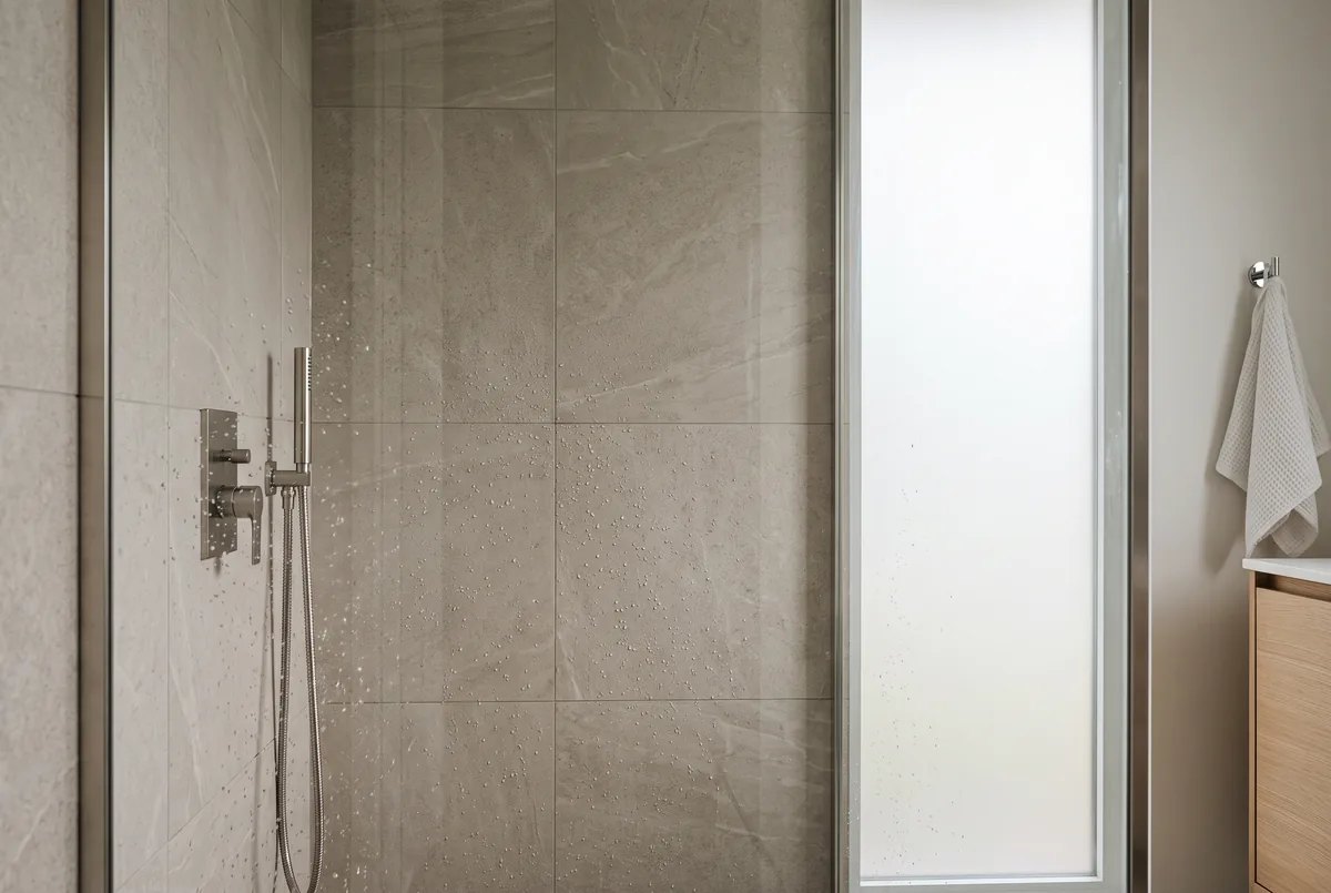 Large format shower tile with closely matched grout colour