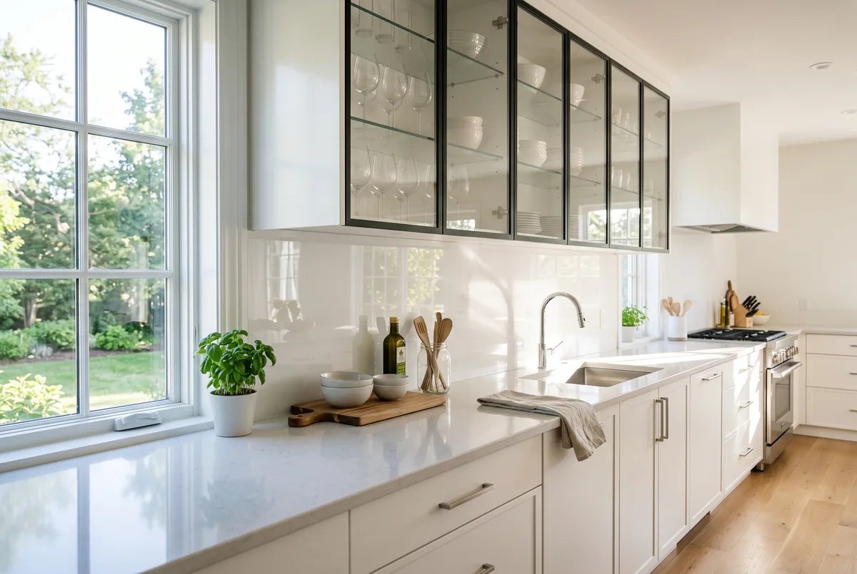 Glossy backsplash and reflective counter bouncing light through a kitchen
