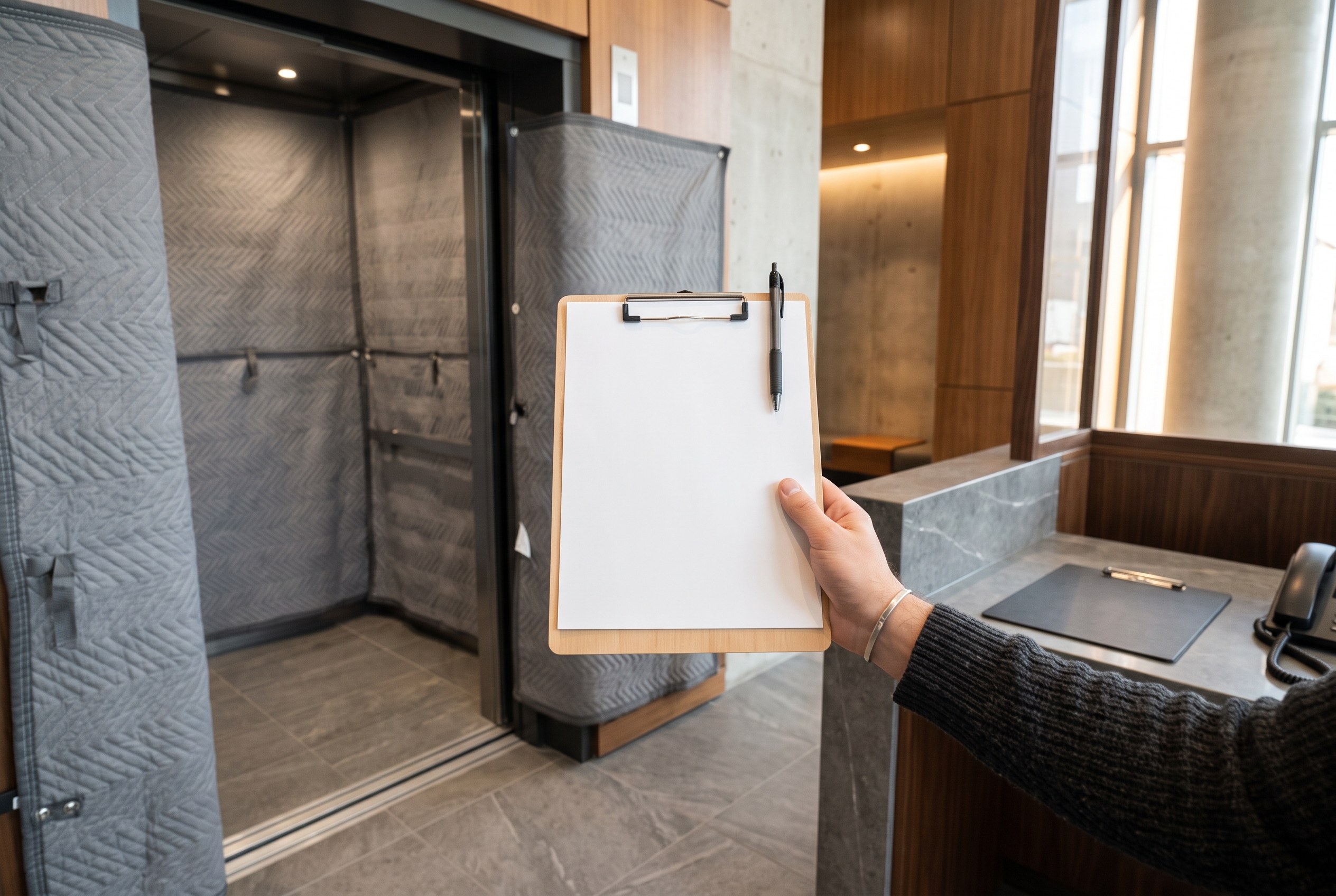 Floor protection materials and a blank renovation request clipboard near a service elevator in a Toronto condo lobby