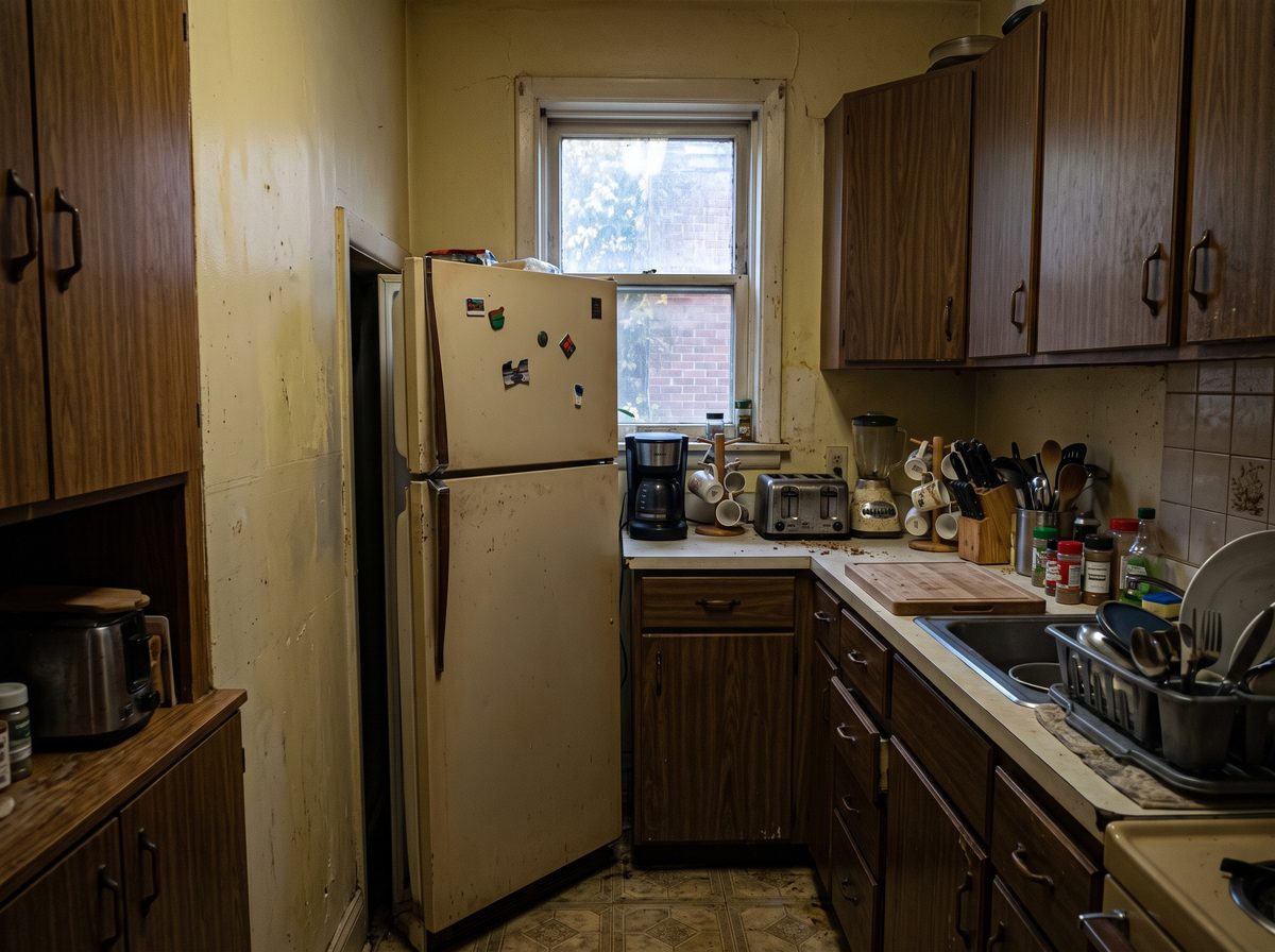 Cramped older home kitchen with a fridge wedged into a narrow corner and limited counter space