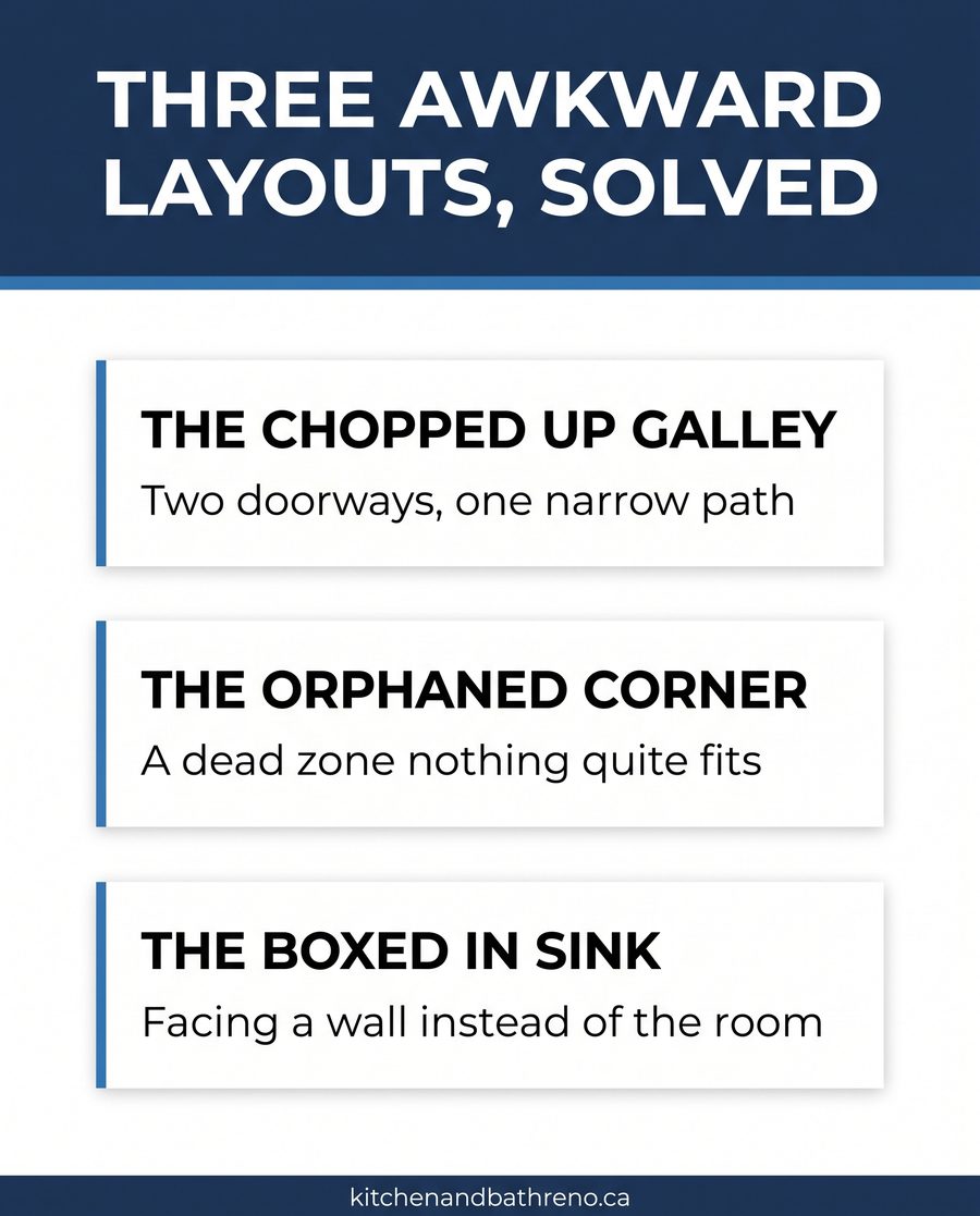 Card graphic outlining three common awkward kitchen layout patterns in older homes and their typical fixes