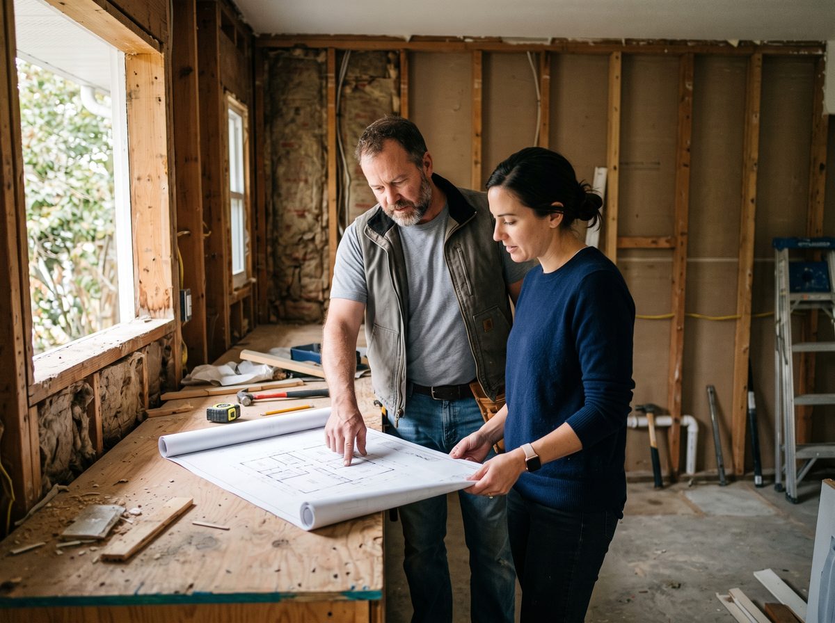 Contractor and homeowner reviewing a kitchen renovation floor plan next to an exposed interior wall