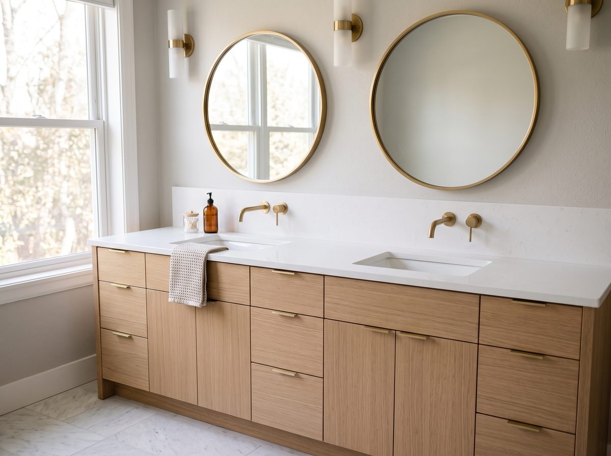 Double vanity with two separate sinks and matching mirrors in a bright renovated bathroom