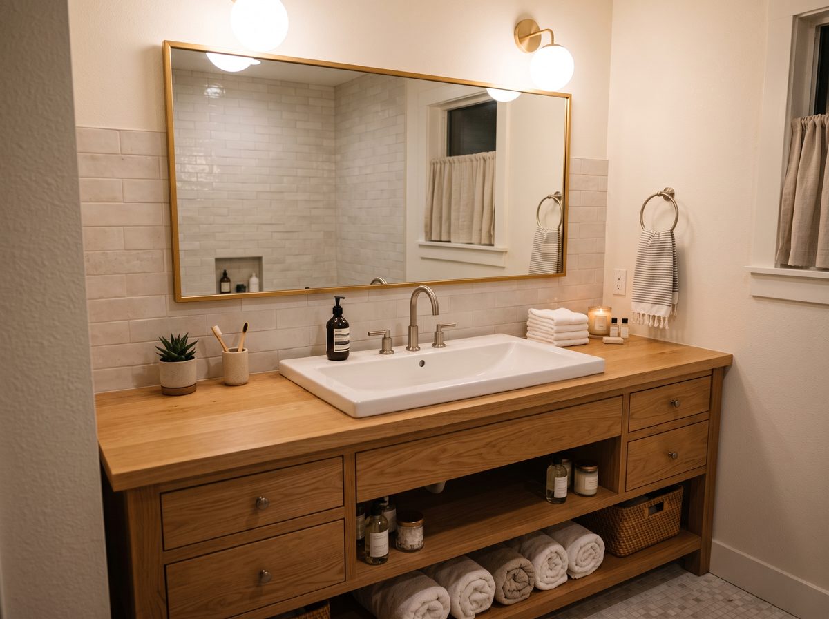 Single bathroom vanity with a wide basin and generous counter space on either side
