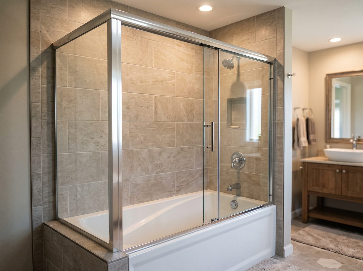 Framed shower enclosure with a metal perimeter and chrome hardware installed over a bathtub